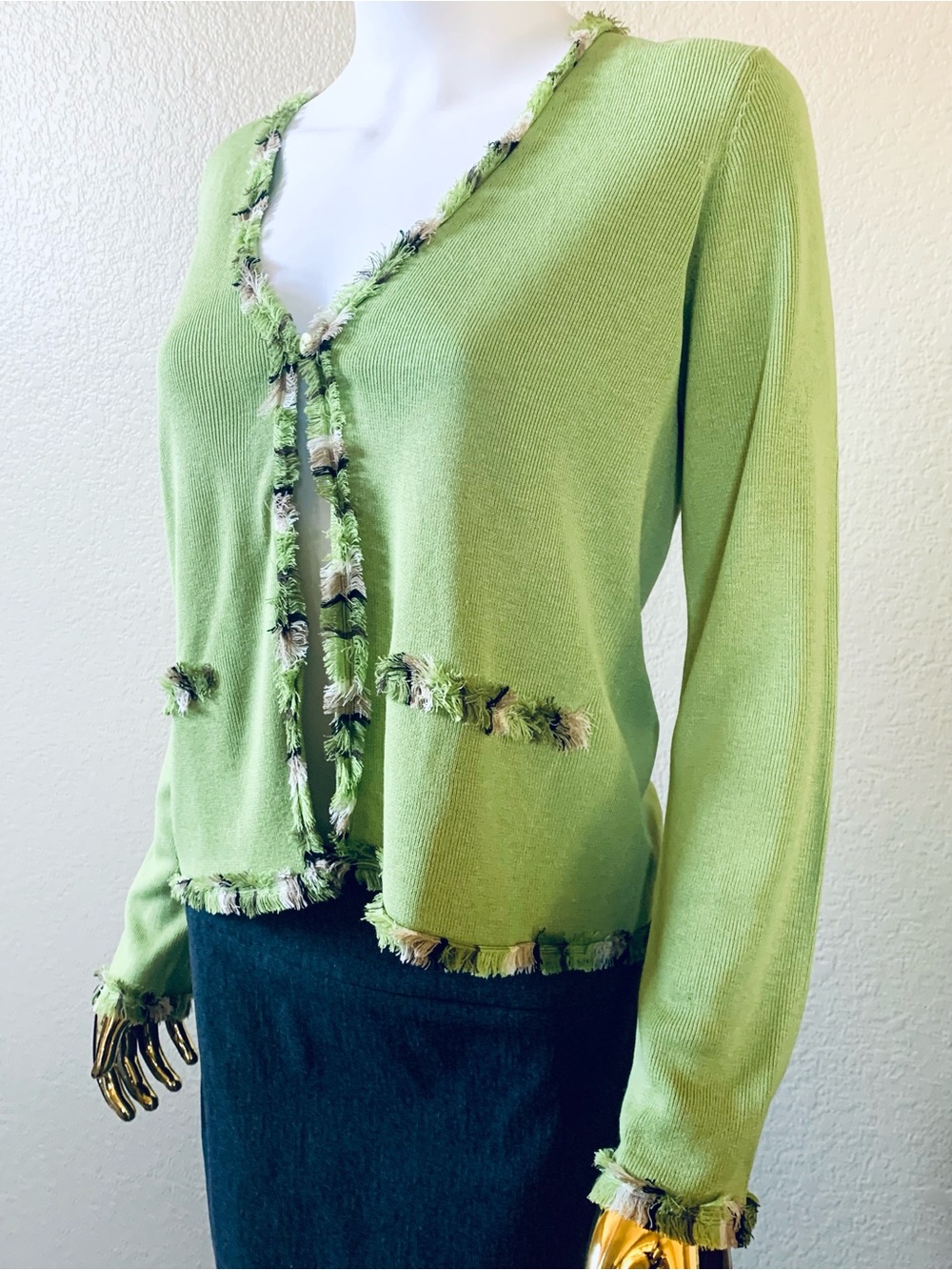 Sigrid Olsen Light Green Fringe-Trim V-Neck Cardigan Petite S